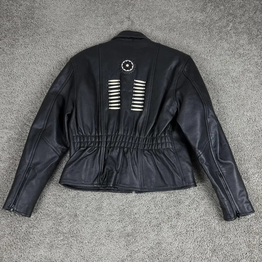 Jim Leather Jacket Womens Large Black Western Bone Bead Biker Motorcycle Zip - Picture 5 of 11